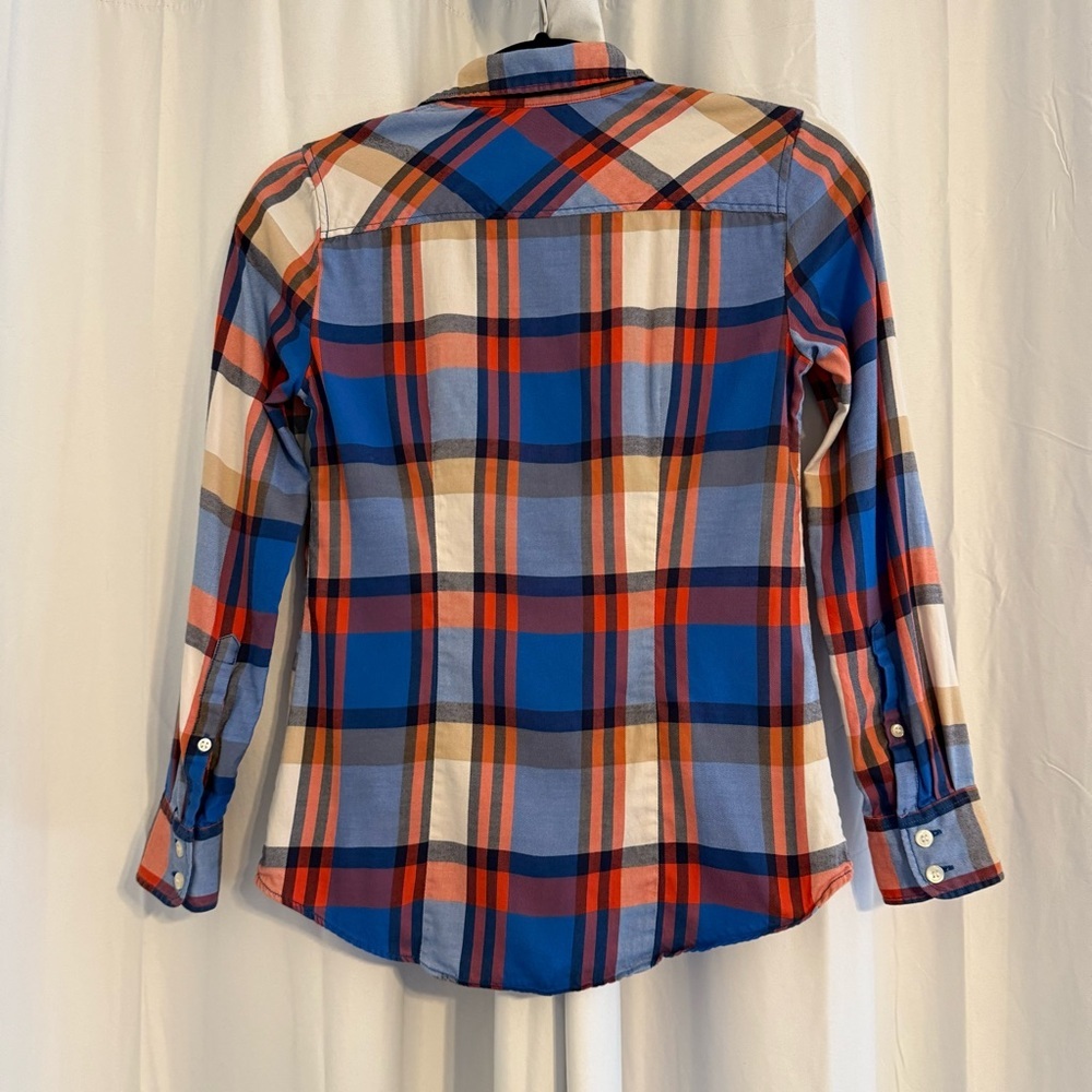 J Crew Perfect Shirt Womens Petite XXS Blue Orange Plaid 100% Cotton Button Up - Picture 3 of 5